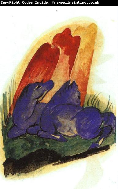 Franz Marc Two Blue Horses in front of a Red Rock