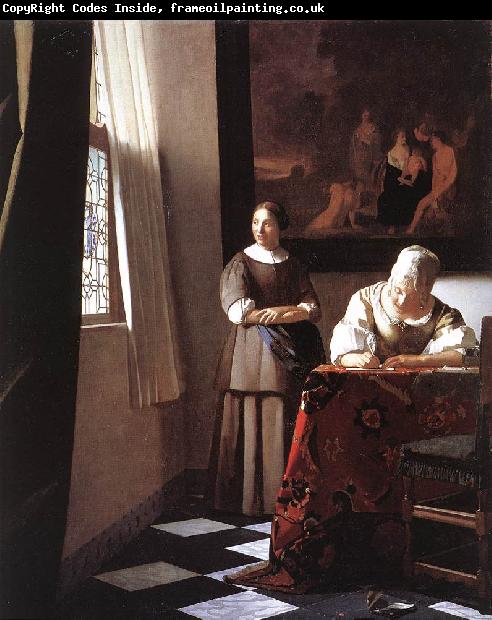 VERMEER VAN DELFT, Jan Lady Writing a Letter with Her Maid ar