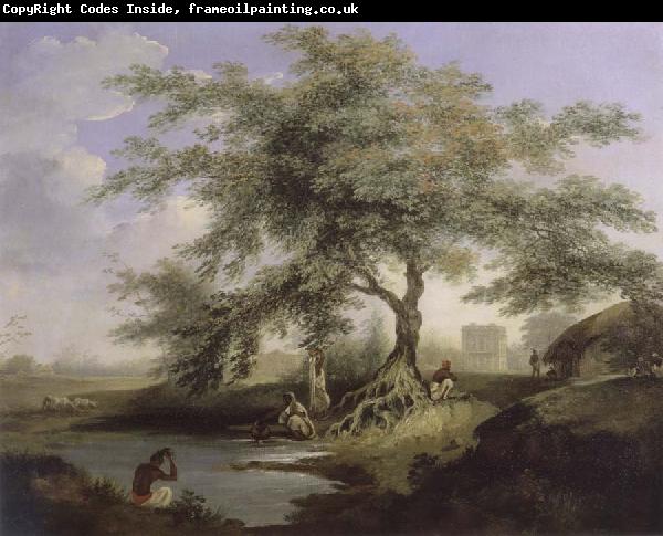 unknow artist Natives Drawing Water form a pond with Warren Hastings-House at Alipur in the Distance