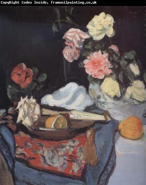George Leslie Hunter Fruit and Flowers on a Draped Table