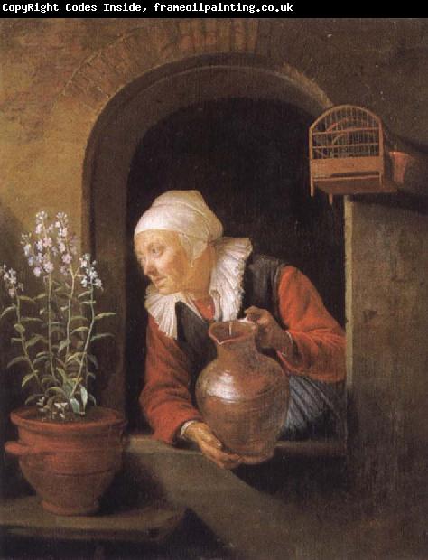 Gerard Dou Old woman at her window,Watering flower