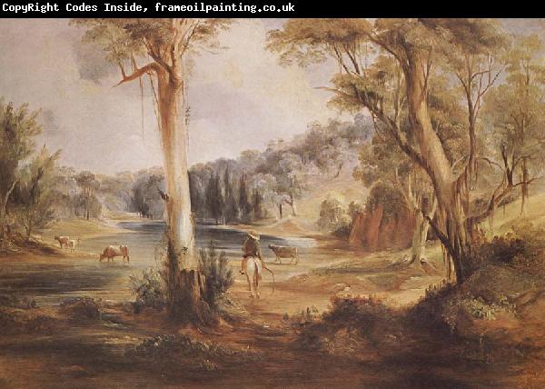 Conrad Martens Australian Landscape with cattle and a stockman at a creek