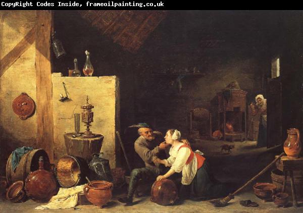 David Teniers An Old Peasant Caresses a Kitchen Maid in a Stable