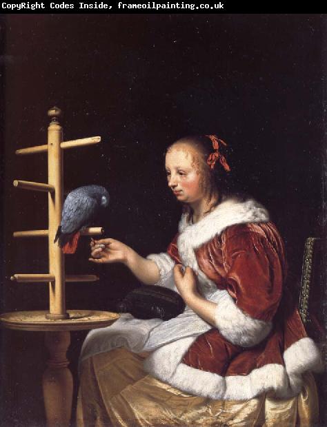 MIERIS, Frans van, the Elder A Woman in a Red Jacket Feeding a Parrot