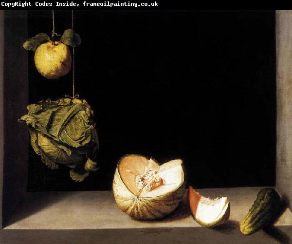 SANCHEZ COELLO, Alonso Still-life with Quince, Cabbage, Melon and Cucumber