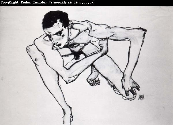 Egon Schiele Self Portrait in crouching position