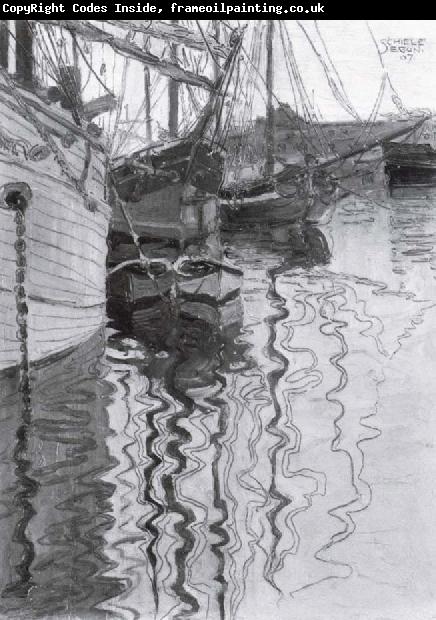 Egon Schiele Sailing-ships in trieste harbour