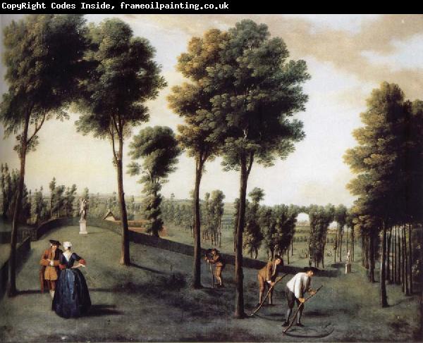 unknow artist Hartwell House,North west area of the gardens with two bastions and men Scything
