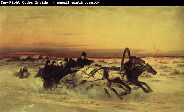 unknow artist Oil undated a Wintertroika in the gallop in sunset
