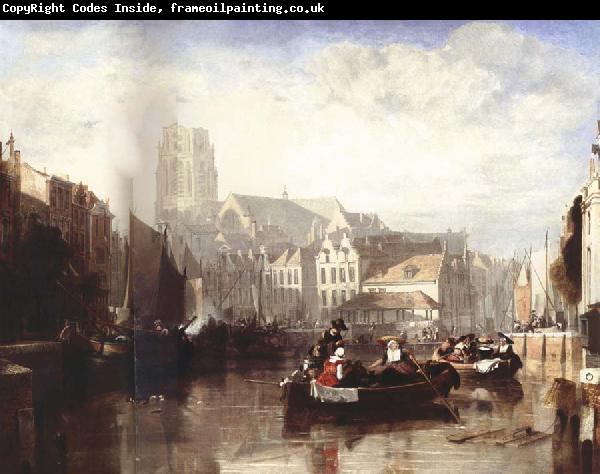 Sir Augustus Wall Callcott View of the Grote Kerk,Rotterdam,with Figures and Boats in the Foreground