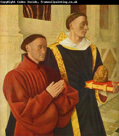 Jean Fouquet left wing of Melun diptych depicts Etienne Chevalier with his patron saint St. Stephen