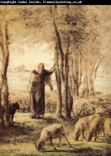 Jean Francois Millet Shepherdess with dog and sheep