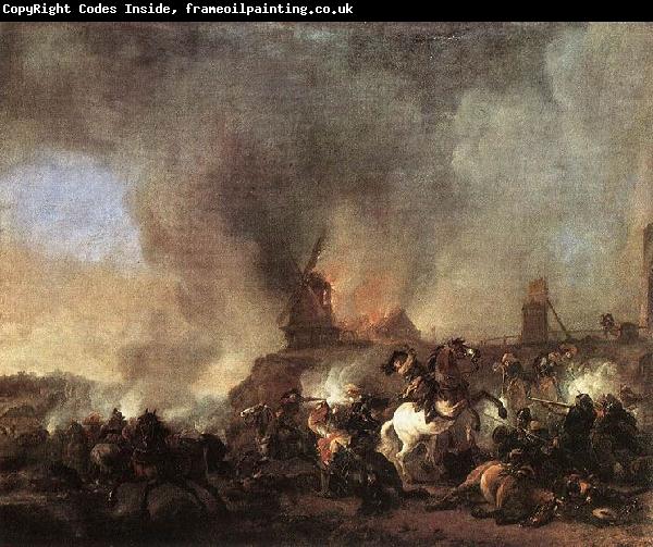 Philips Wouwerman Cavalry Battle in front of a Burning Mill by Philip Wouwerman
