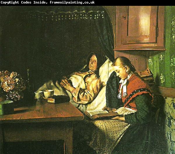 Michael Ancher ved en sygeseng, en ung pige lceser for den gamle kone i alkoven