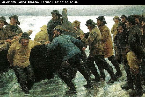 Michael Ancher fiskere i faerd med at saette en rorsbad i vandet