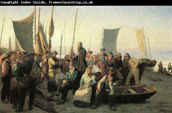 Michael Ancher en laegpraedikant holder gudstjeneste pa skagen sonderstrand