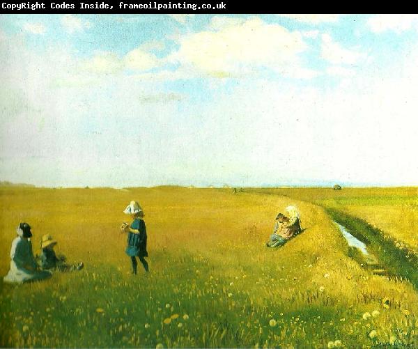 Michael Ancher born og unge piger plukker blomster pa mark nord for skagen
