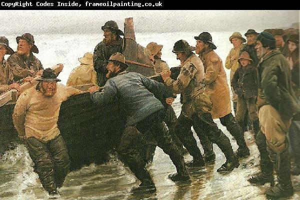 Michael Ancher fiskere ifard med at satte en rorsbad i vandet