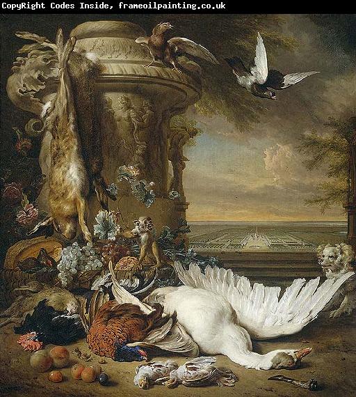 Jan Weenix A monkey and a dog beside dead game and fruit, with the estate of Rijxdorp near Wassenaar in the background