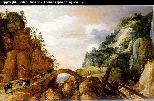 Joos de Momper mountainous landscape with horsemen and travellers crossing a bridge.