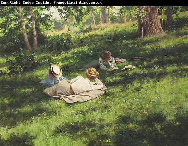 johan krouthen Three reading women in a summer landscape