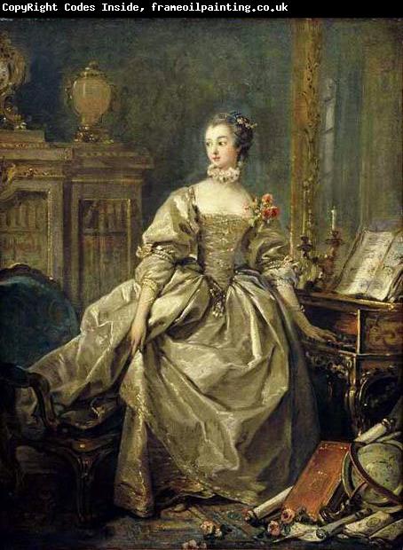Francois Boucher Madame de Pompadour, la main sur le clavier du clavecin