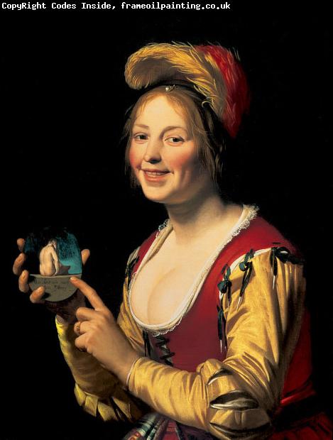 Gerard van Honthorst Smiling Girl, a Courtesan, Holding an Obscene