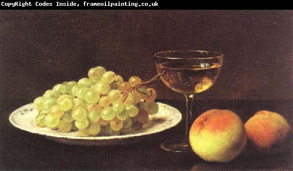 Otto Scholderer Stilleben mit Trauben auf einer Porzellanschale, zwei Pfirsichen und gefulltem Sherryglas