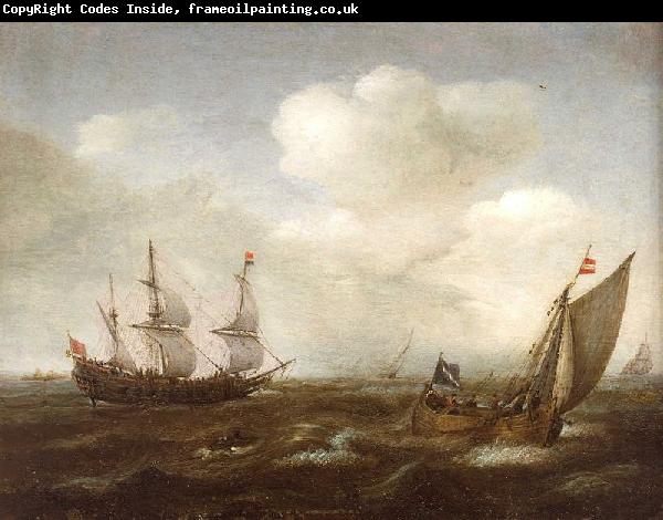 VROOM, Hendrick Cornelisz. A Dutch Ship and a Kaag in a Fresh Breeze