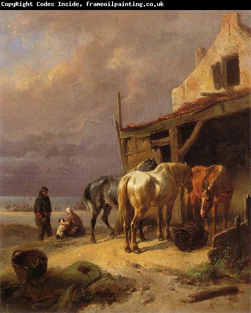 Wouterus Verschuur Draught horses resting at the beach