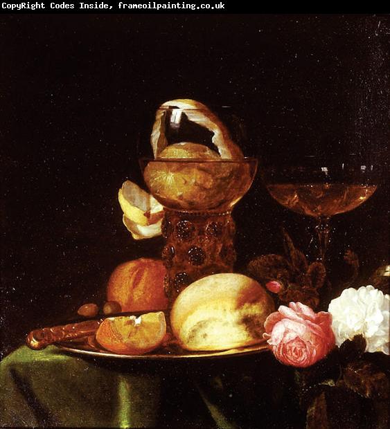 simon luttichuys Still Life with Fruit and Roses a.k.a. Still-Life with a Peeled Lemon in a Roemer.
