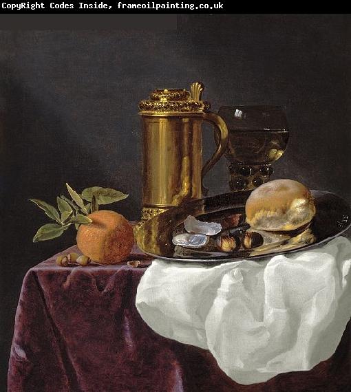 simon luttichuys Bread and an Orange resting on a Draped Ledge