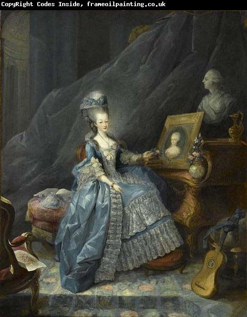unknow artist Marie Therese of Savoy, Countess of Artois pointing to a portrait of her mother and overlooked by abust of her husband