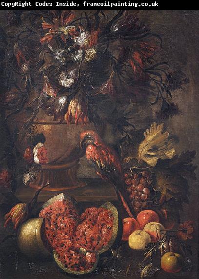 Anonymous Stilleben mit Blumen, aufgeschnittener Melone und anderem Obst sowie einem Papagei