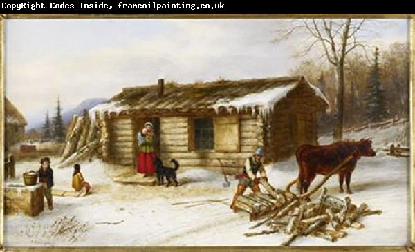 Cornelius Krieghoff Chopping Logs Outside a Snow Covered Log Cabin