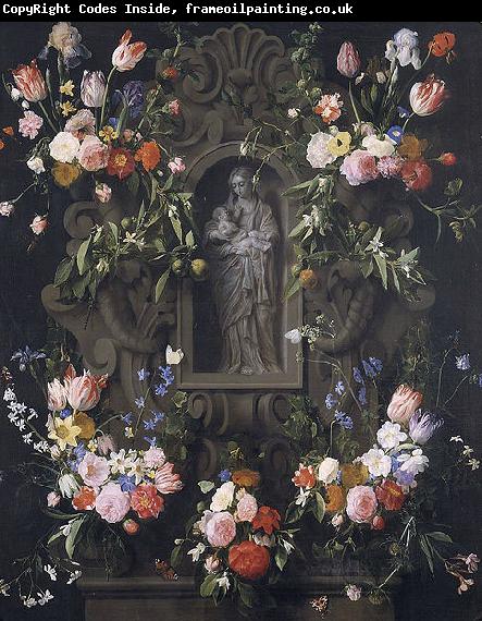 Daniel Seghers Garland of flowers with a sculpture of the Virgin Mary