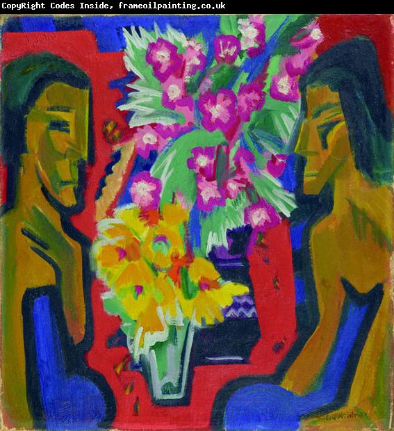 Ernst Ludwig Kirchner Stilleben mit zwei Holzfiguren und Blumen