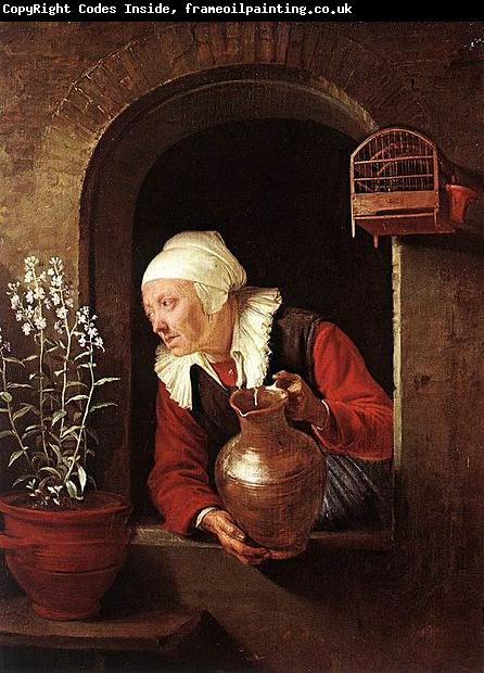 Gerard Dou Old Woman Watering Flowers