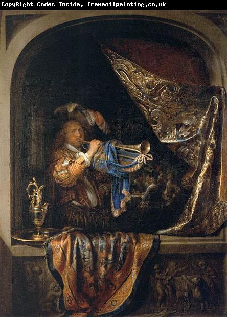 Gerard Dou Trumpet-Player in front of a Banquet