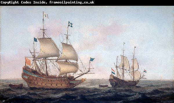 Jacob Gerritz. Loeff, Monogrammist JGL French man-of-war escorted by a Dutch ship in quiet water