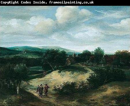 Jacob Koninck Landscape with huntsmen on a track before a village