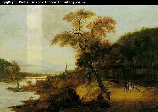 Jacob van der Does Landscape along a river with horsemen