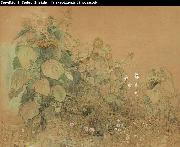 Paul Baum Gartenstuck mit grober und kleineren Sonnenblumen, Malven und anderen Blumen