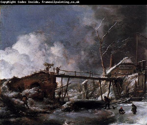 Philips Wouwerman Winter Landscape with Wooden Bridge