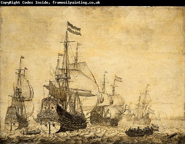 Willem Van de Velde The Younger Seascape with Dutch men-of-war.