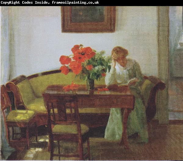 Anna Ancher Interior with poppies and reading woman