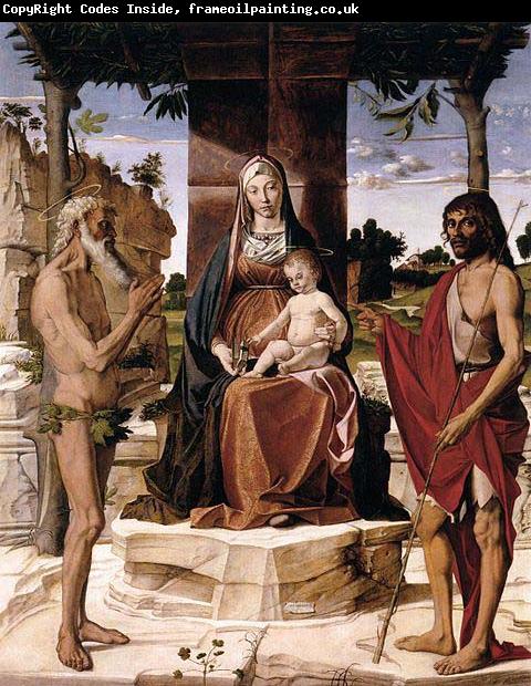 Bartolomeo Montagna Madonna and Child under a Pergola with St John the Baptist and St Onofrius