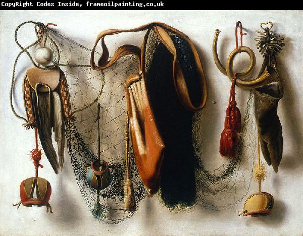 Christoffel Pierson A Trompe l'Oeil of Hawking Equipment, including a Glove, a Net and Falconry Hoods, hanging on a Wall.