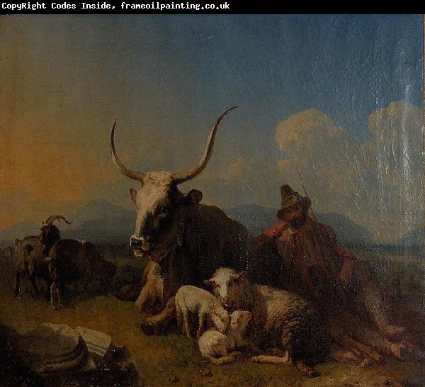 Eugne Joseph Verboeckhoven Shepherd with animals in the countryside