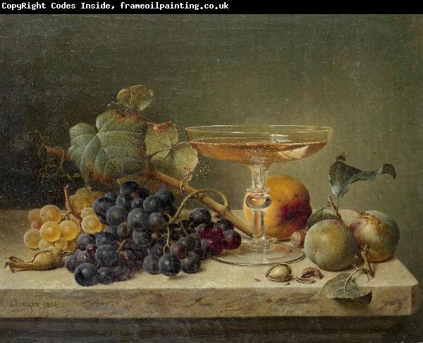 Johann Wilhelm Preyer nuts and a glass on a marble ledge